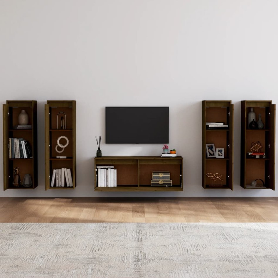 Muebles para TV 5 piezas madera maciza de pino marrón