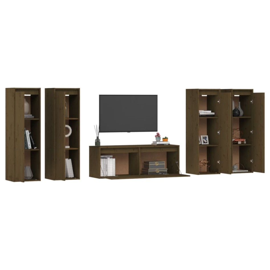 Muebles para TV 5 piezas madera maciza de pino marrón
