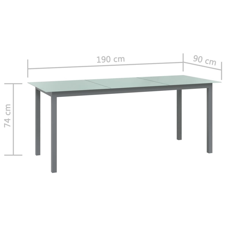 Mesa de jardín de aluminio y vidrio gris claro 190x90x74