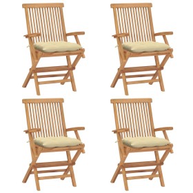 Sillas de jardín 4 uds madera teca con cojines crema