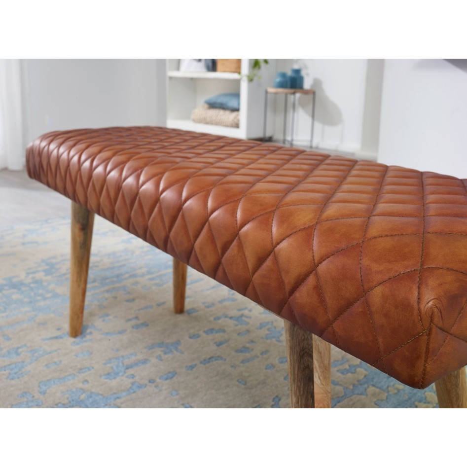 Banco de cuero y madera maciza 115x53x38 cm