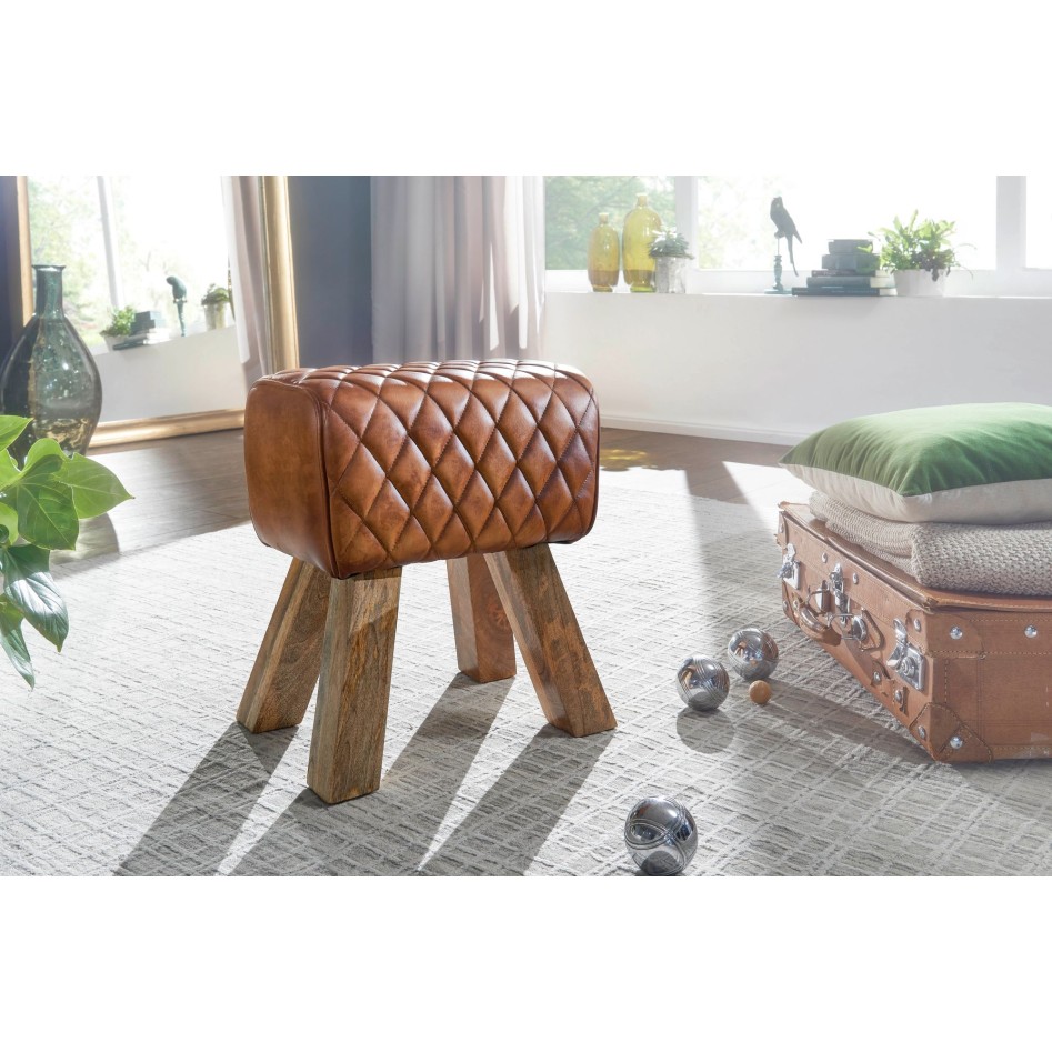 Taburete cuero real y madera maciza 40x48x27 cm