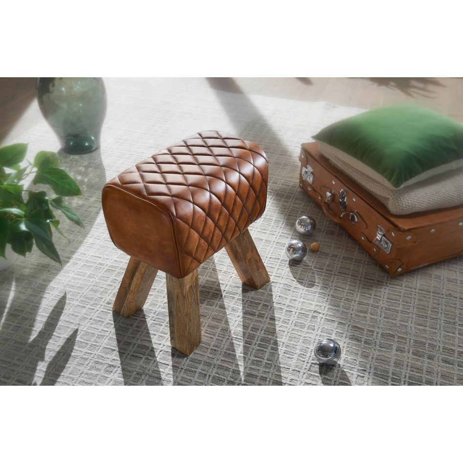 Taburete cuero real y madera maciza 40x48x27 cm