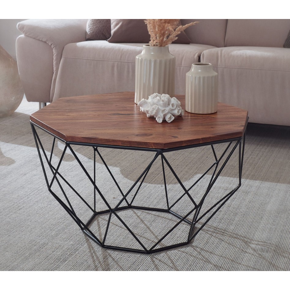 Mesa de centro madera maciza de sheesham / metal 66 x 40 x 66 cm