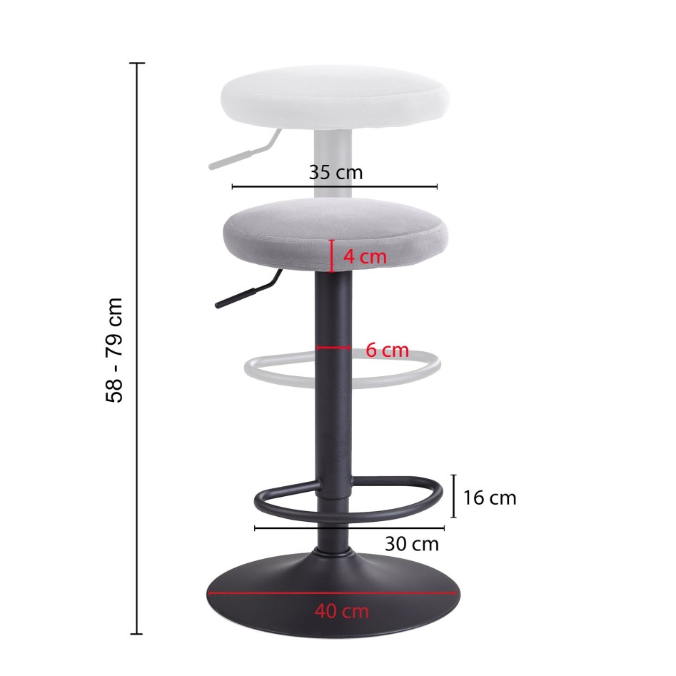 Taburete de bar de terciopelo gris oscuro sin respaldo 58 - 79 cm