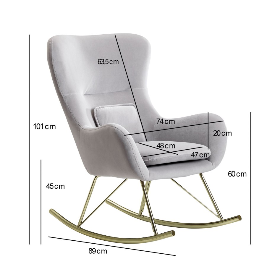 Mecedora de terciopelo / metal gris claro 74x101x89 cm con patas doradas 