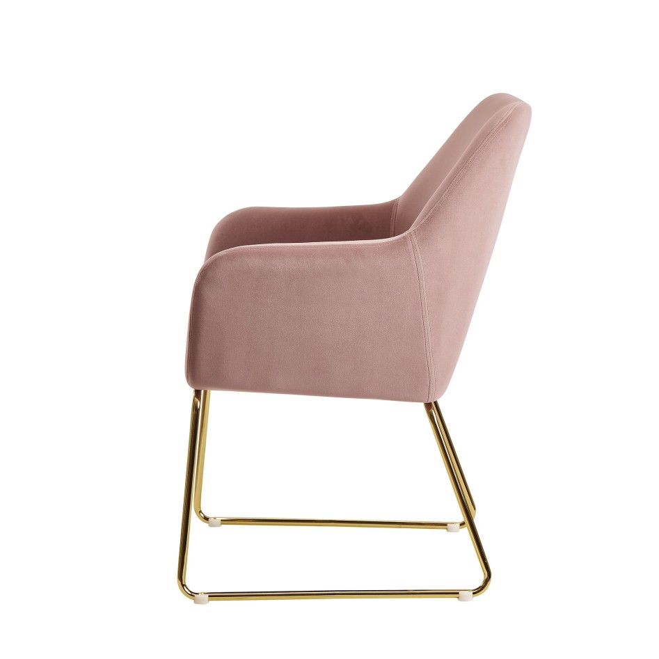  Silla de comedor de terciopelo rosa con patas doradas 