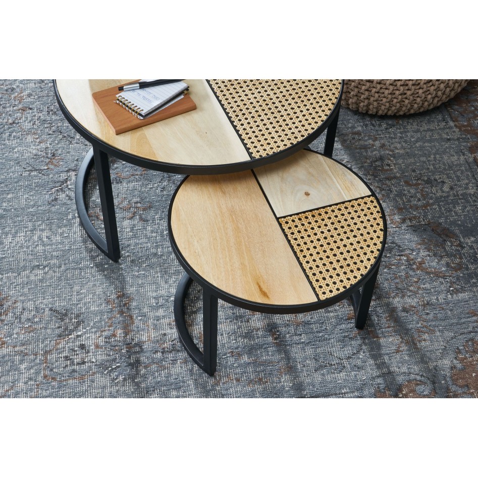 Conjunto de mesa nido de 2 mesas  de mango con patas de meta