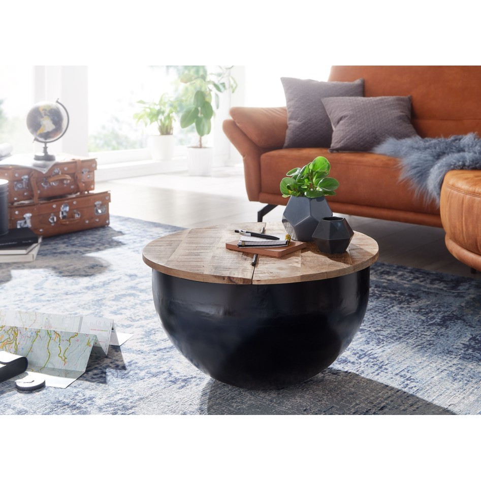 Mesita madera maciza mango y metal 60x34x60 cm, estilo industrial redondo