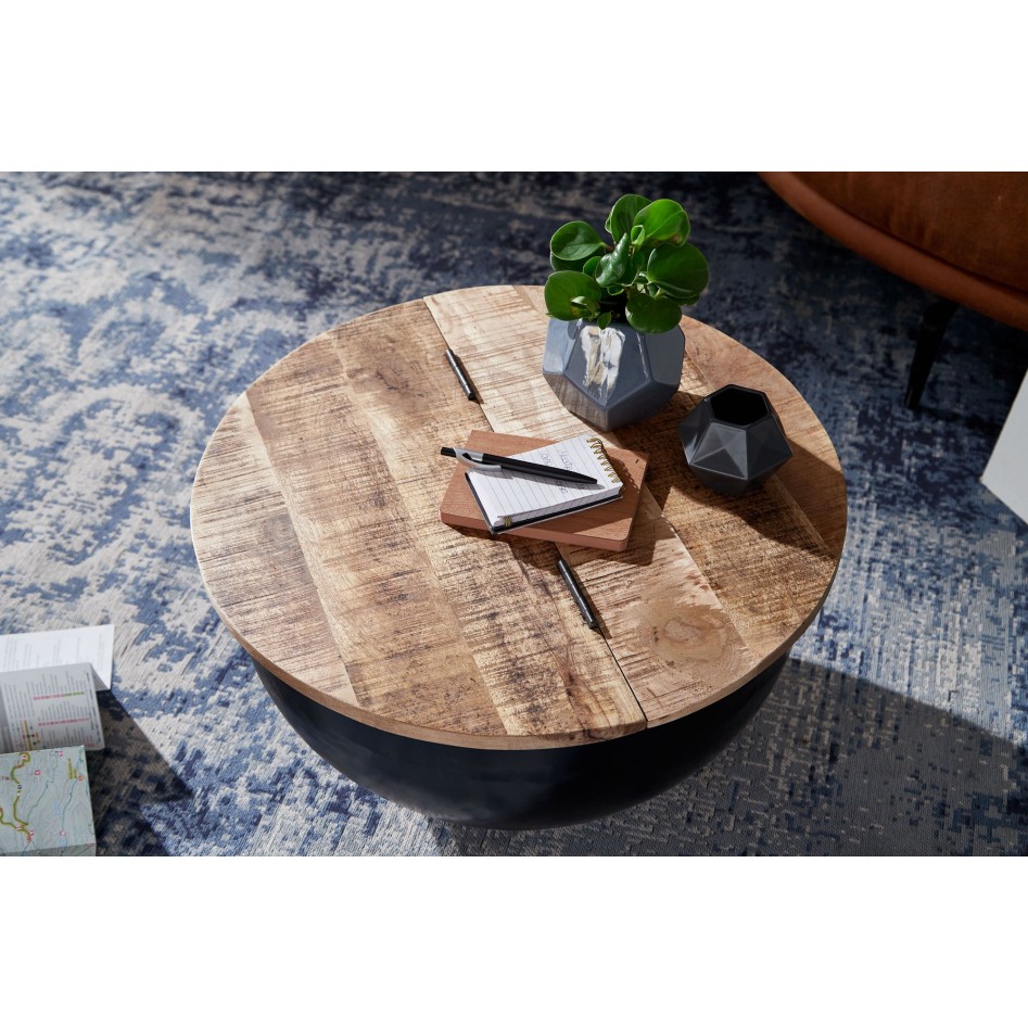 Mesita madera maciza mango y metal 60x34x60 cm, estilo industrial redondo