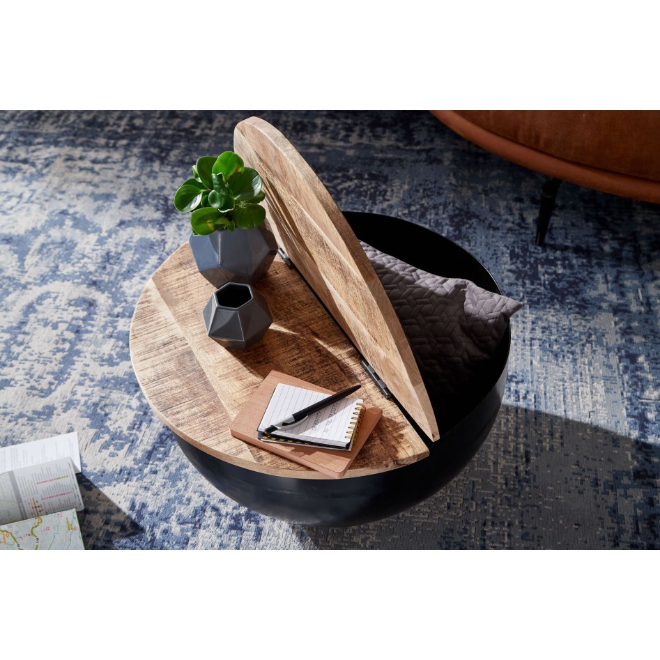 Mesita madera maciza mango y metal 60x34x60 cm, estilo industrial redondo