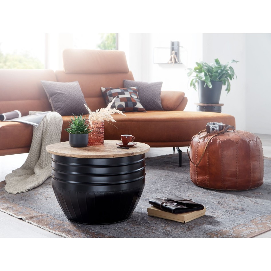 Mesita madera de mango y metal 60x41x60 cm, estilo industrial redonda