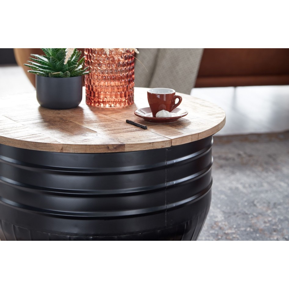 Mesita madera de mango y metal 60x41x60 cm, estilo industrial redonda