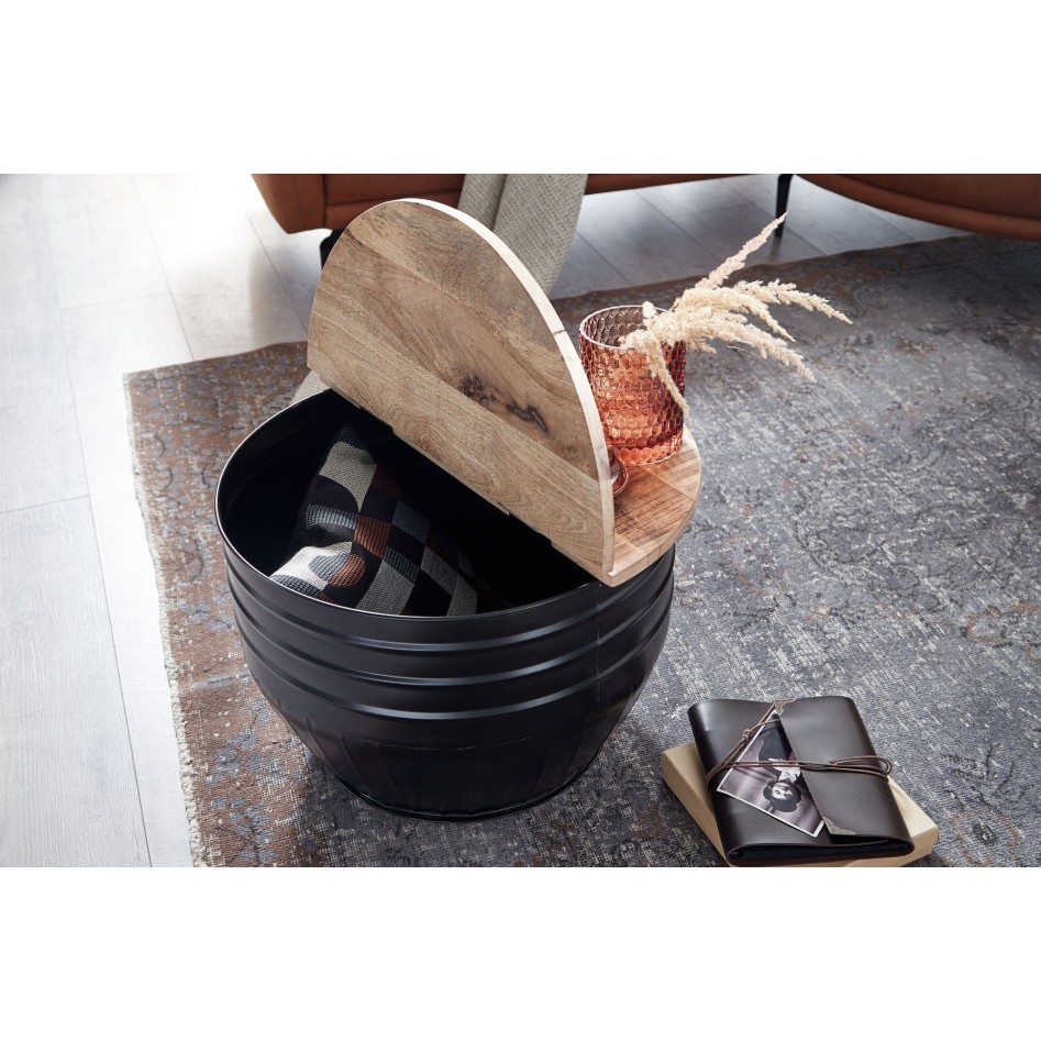 Mesita madera de mango y metal 60x41x60 cm, estilo industrial redonda