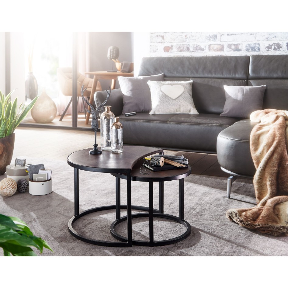 juego de 2 mesas de centro de madera de mango maciza / metal redonda 