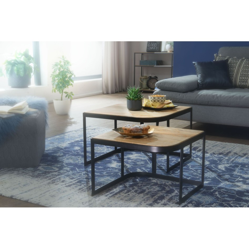 Juego de 2 mesas de centro de mango de madera maciza / metal para sala de estar