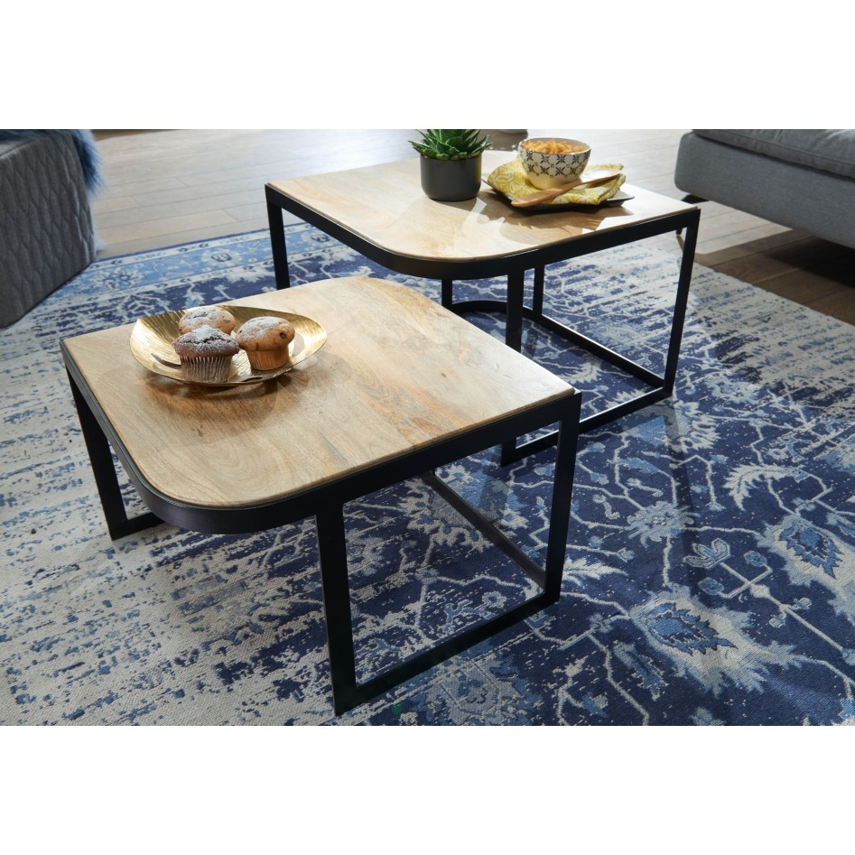 Juego de 2 mesas de centro de mango de madera maciza / metal para sala de estar