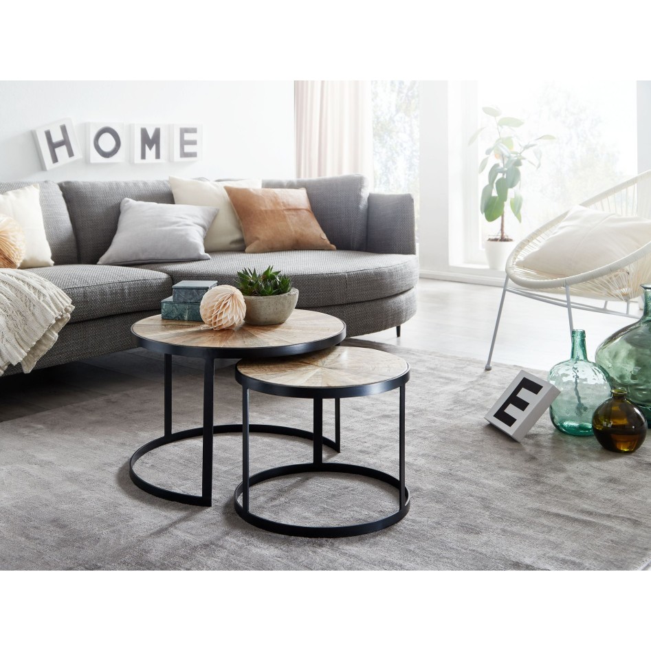 Juego de 2 mesas nido de madera maciza de mango redondas