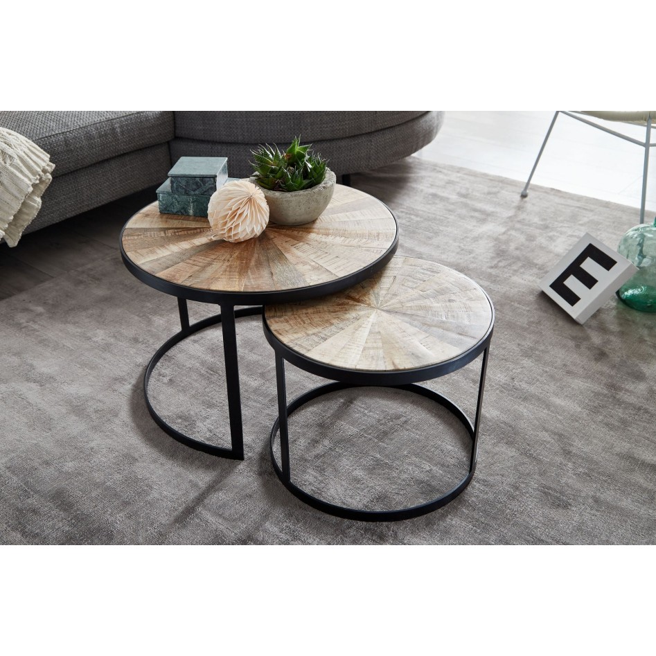 Juego de 2 mesas nido de madera maciza de mango redondas