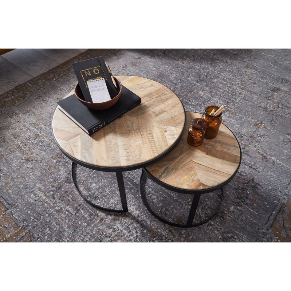 Juego de 2 mesas de centro de madera maciza / metal industrial redonda 