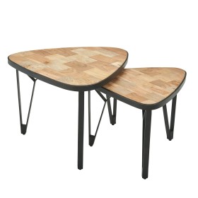diseño de 2 mesas nido de madera maciza de mango / acacia triangular | Mesa de centro marrón con patas de metal | Mantel indiv