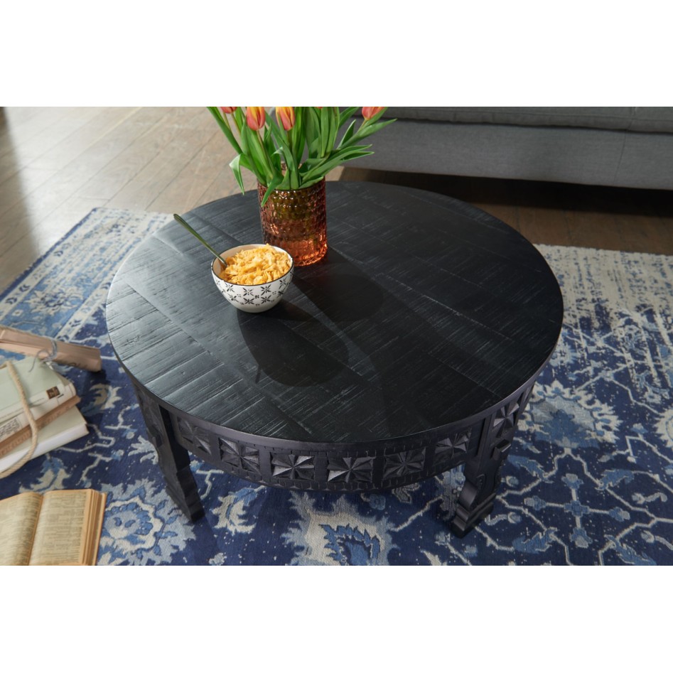 Mesita de mango de madera maciza redonda negro 80x36x80 cm