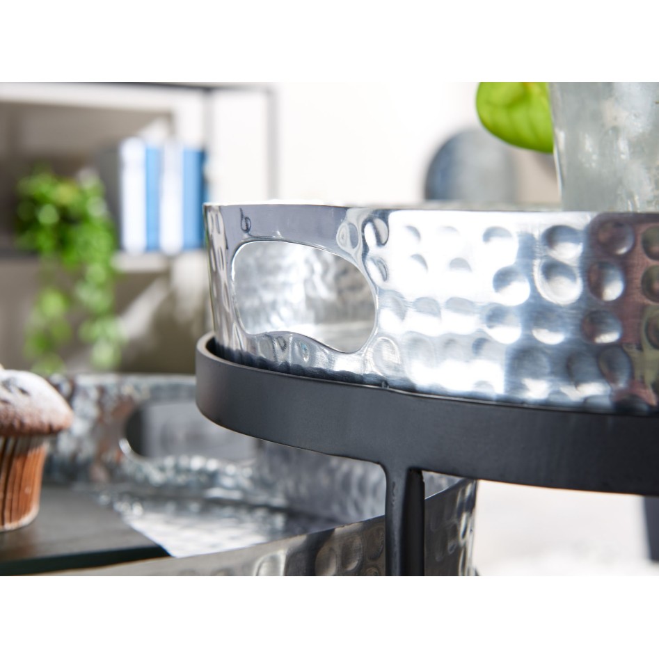 juego de mesas auxiliares de 2 mesas nido redondas de metal plateado / negro con acabado martillado | mesa de centro bandeja ext