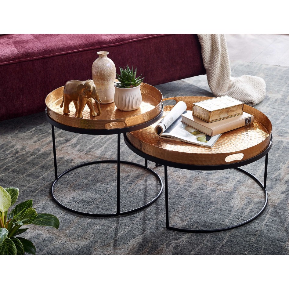 juego de mesas de centro de 2 mesas anidadas redondas de metal dorado / negro con acabado martillado | Mesa de centro bandeja ex