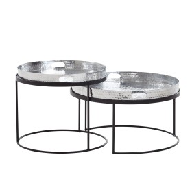 juego de mesa de centro de 2 plata / metal negro acabado martillado mesa anidada redonda | Mesa de centro bandeja extraÃble | S