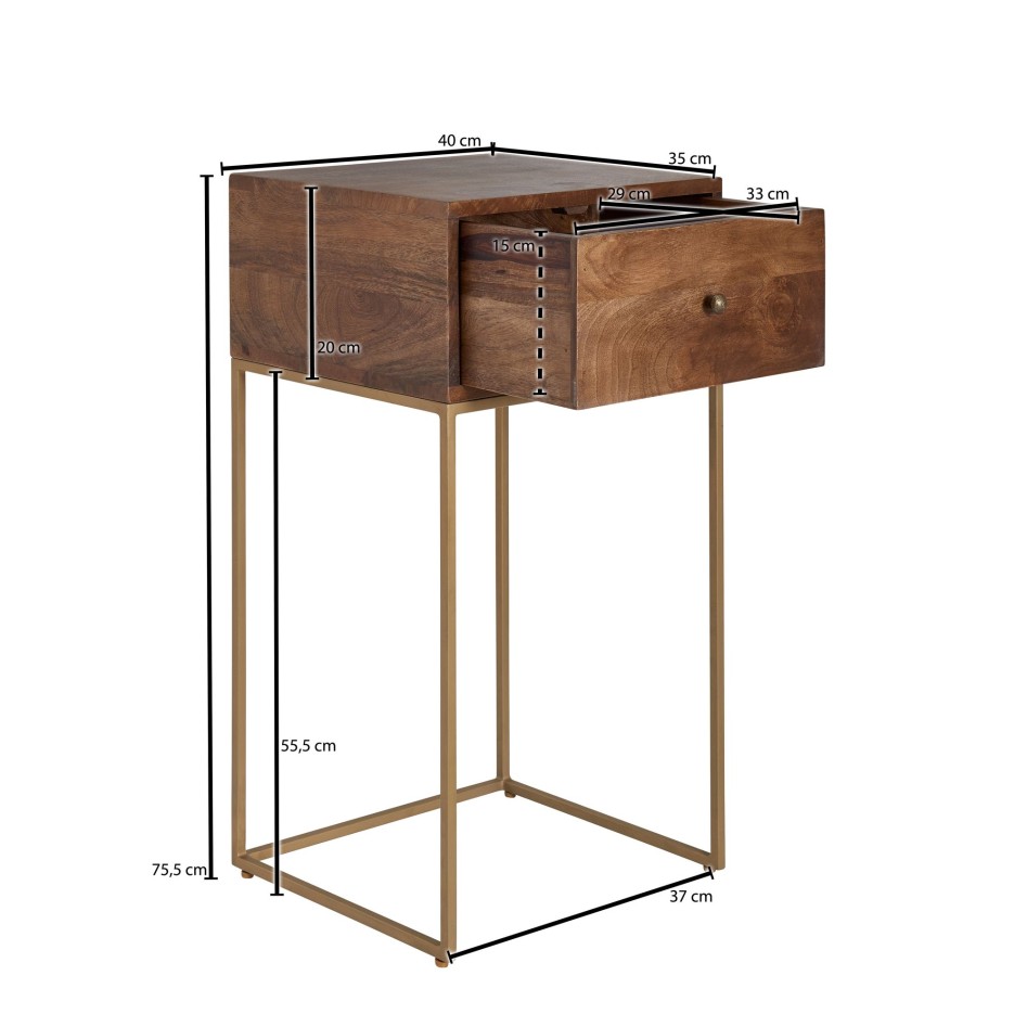 Mesita de noche mango madera maciza / metal 40x75,5x35 cm