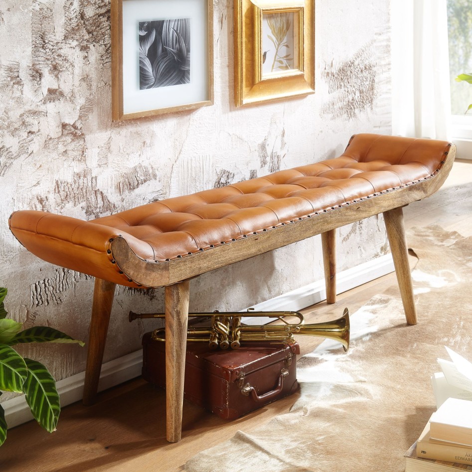 Banco de cuero y madera  maciza 125x50x38 cm