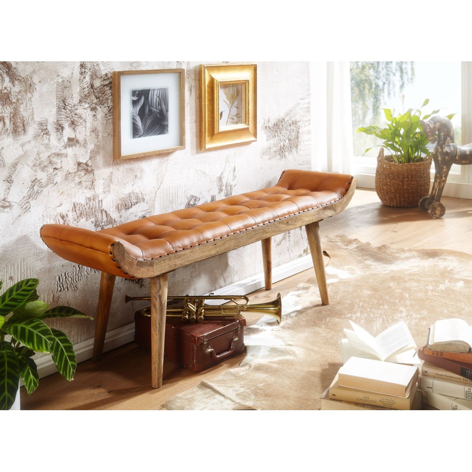 Banco de cuero y madera  maciza 125x50x38 cm