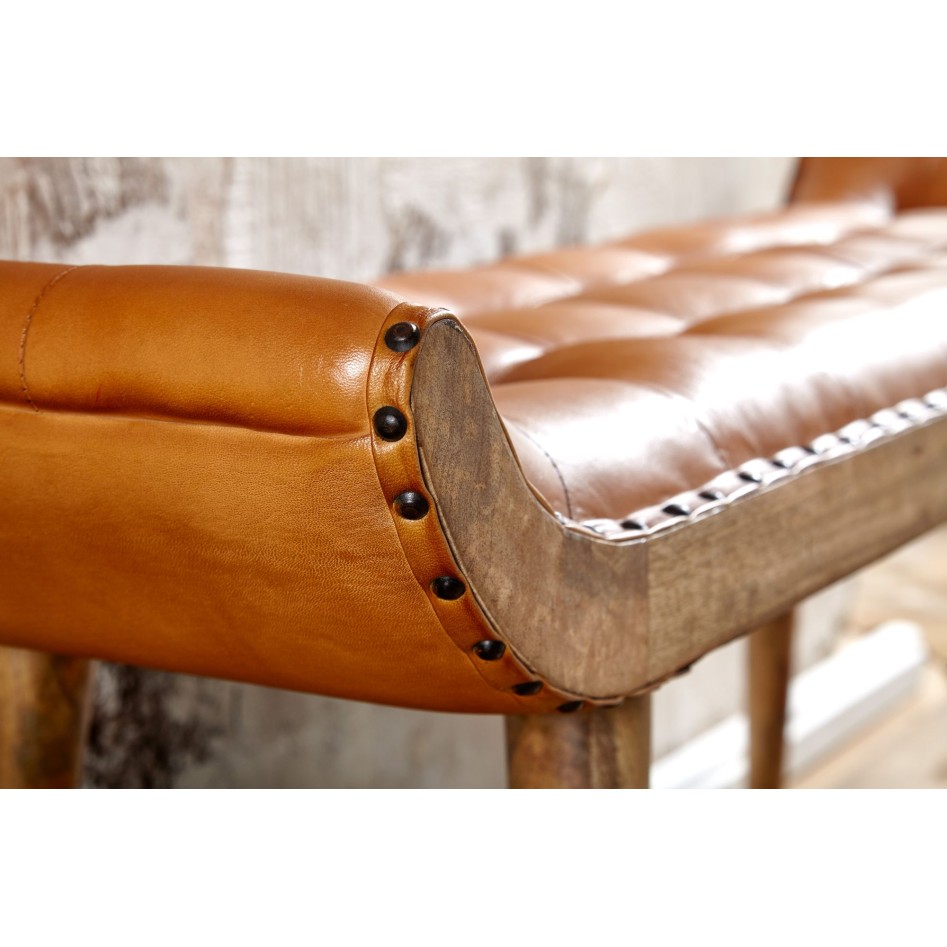 Banco de cuero y madera  maciza 125x50x38 cm