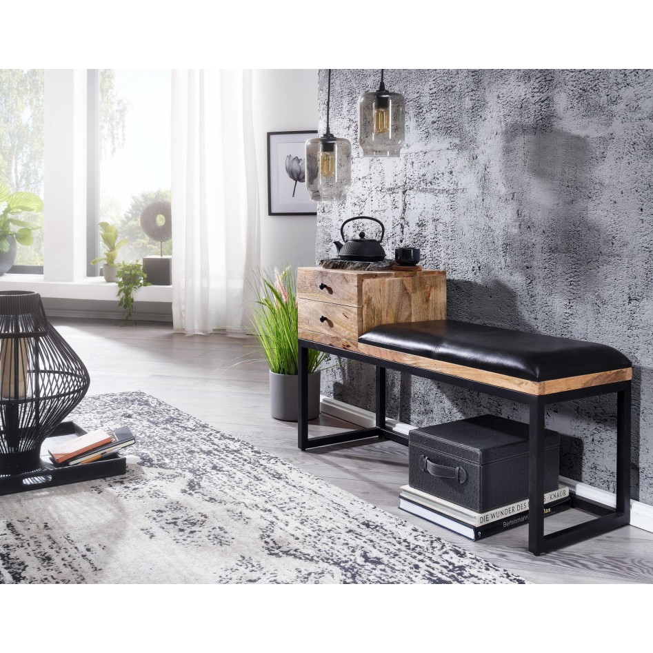 Banco de piel de cabra / banco de madera maciza 100x60x35 cm de estilo retro 