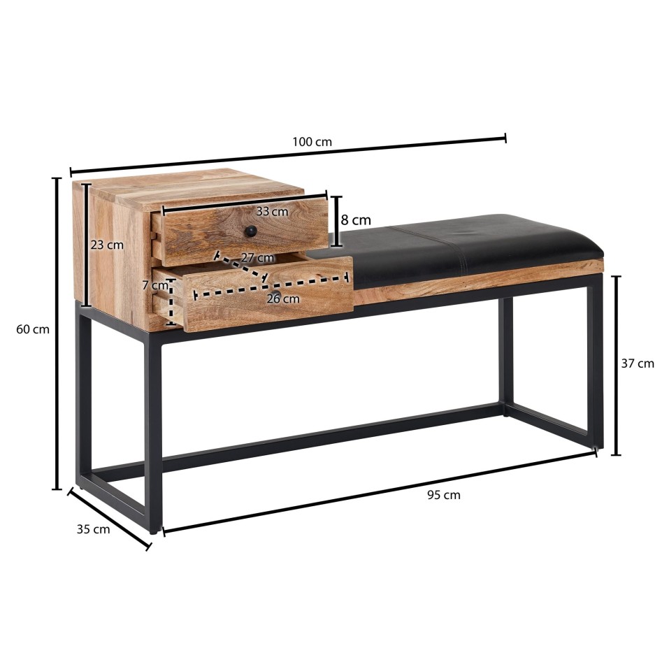 Banco de piel de cabra / banco de madera maciza 100x60x35 cm de estilo retro 