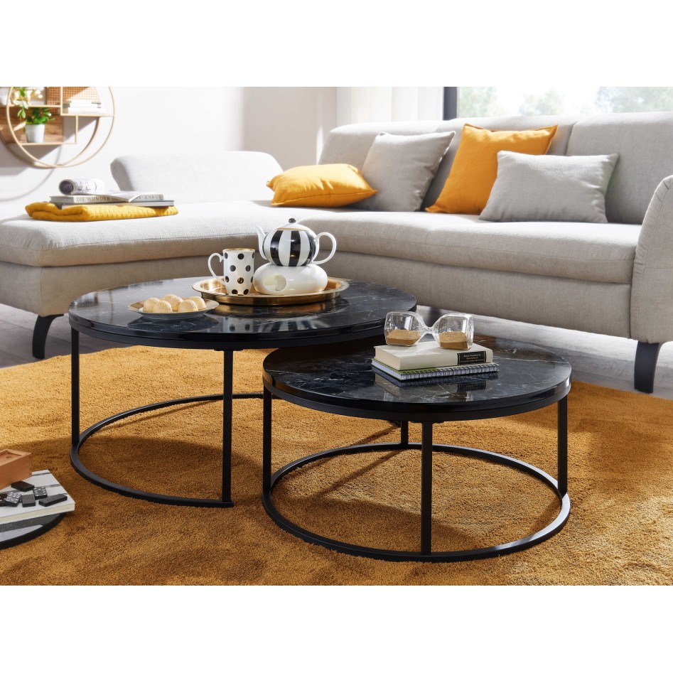 juego de mesa de centro de 2 mesa de centro con aspecto de mármol negro redonda moderna | Mesa auxiliar 2 piezas de metal | Mes