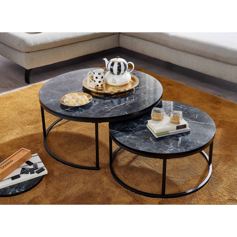 juego de mesa de centro de 2 mesa de centro con aspecto de mármol negro redonda moderna | Mesa auxiliar 2 piezas de metal | Mes