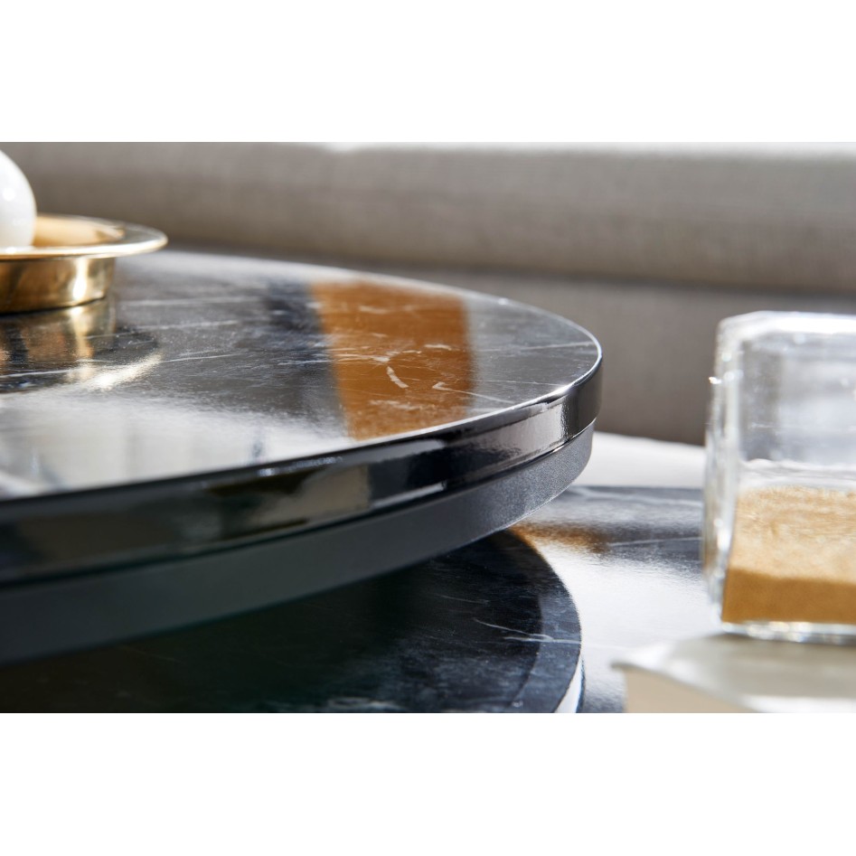 juego de mesa de centro de 2 mesa de centro con aspecto de mármol negro redonda moderna | Mesa auxiliar 2 piezas de metal | Mes