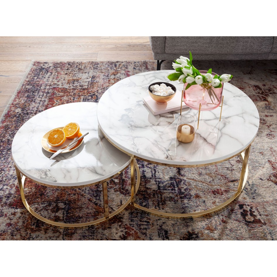 Mesa de centro redonda con aspecto de mármol en oro blanco con 2 unidades Modern | Mesas de centro de 2 piezas de metal | Mesas