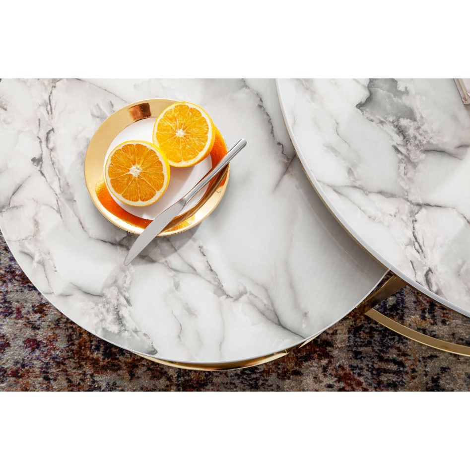 Mesa de centro redonda con aspecto de mármol en oro blanco con 2 unidades Modern | Mesas de centro de 2 piezas de metal | Mesas