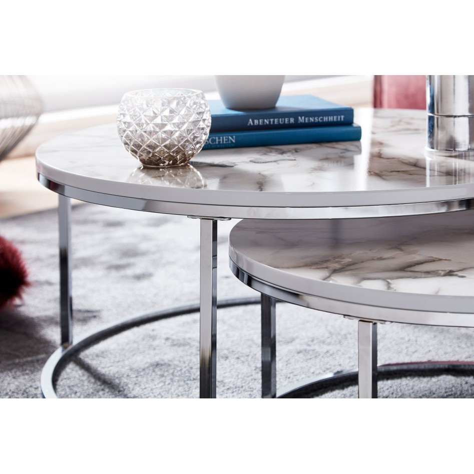 Juego de 2 mesas de centro aspecto mármol blanco plateado redondo moderno