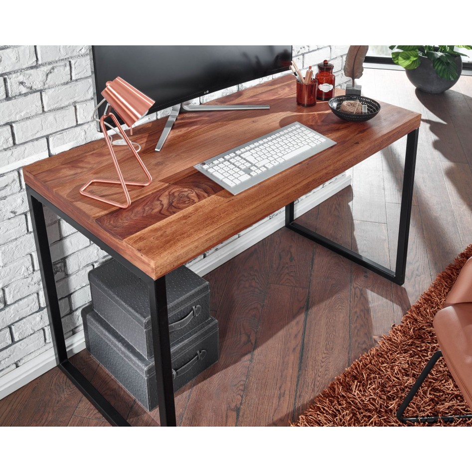 Escritorio madera maciza de sheesham / metal 117x59x76,5 cm mesa para ordenador | Mesa de oficina de diseÃ±o pequeÃ±a oscura | E