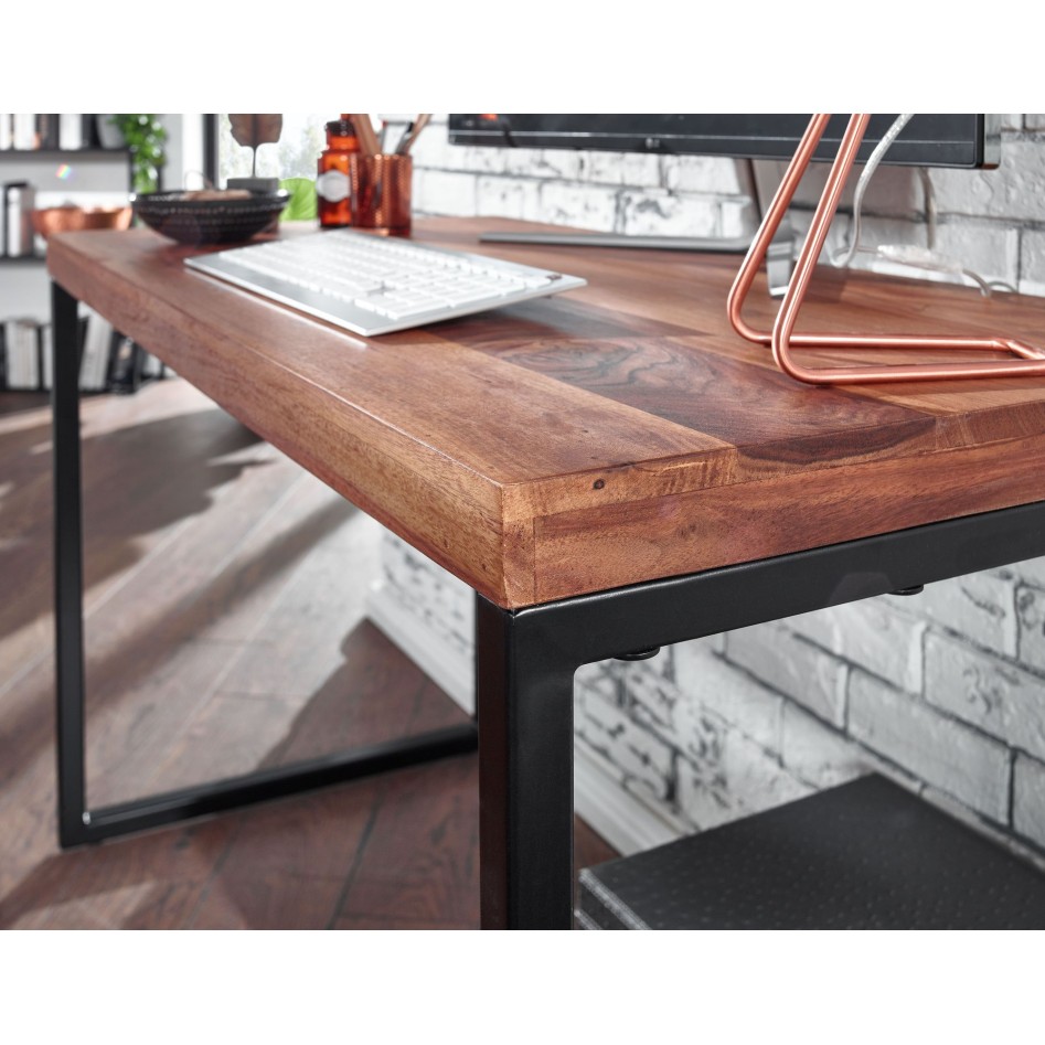 Escritorio madera maciza de sheesham / metal 117x59x76,5 cm mesa para ordenador | Mesa de oficina de diseÃ±o pequeÃ±a oscura | E