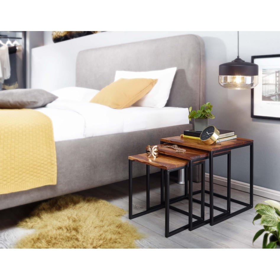 Juego de 3 mesas nido Sheesham madera maciza / metal mesa auxiliar cuadrada