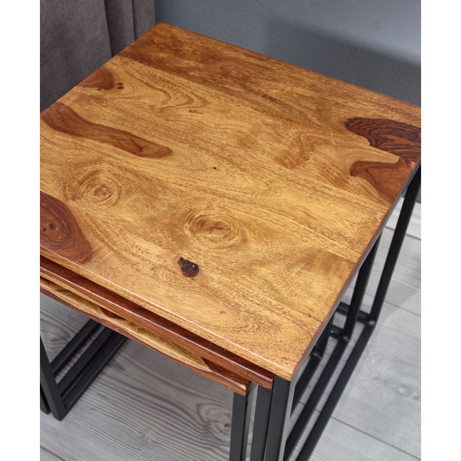 Juego de 3 mesas nido Sheesham madera maciza / metal mesa auxiliar cuadrada