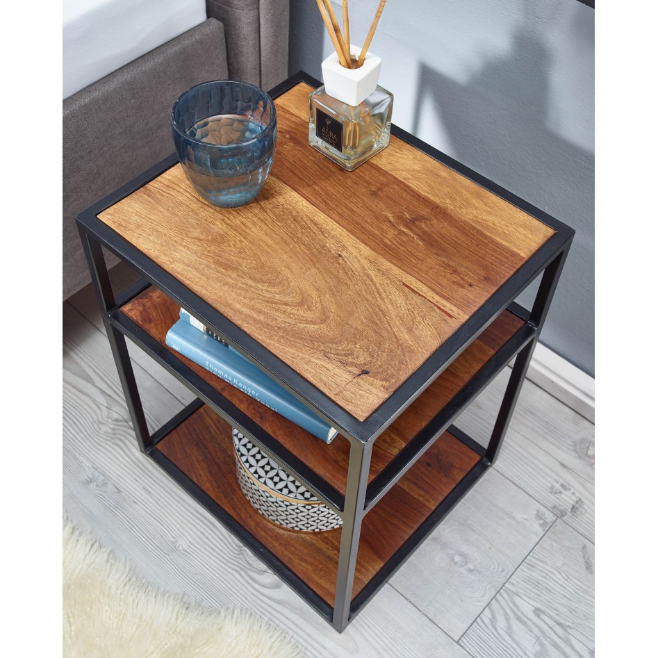 Mesita de noche madera maciza de sheesham / metal 40x50x35 cm