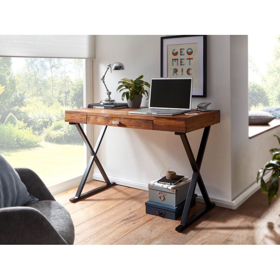 Escritorio  120x55x78 cm madera maciza de sheesham / metal negro | Mesa de oficina de diseÃ±o con cajones | Mesa de ordenador po
