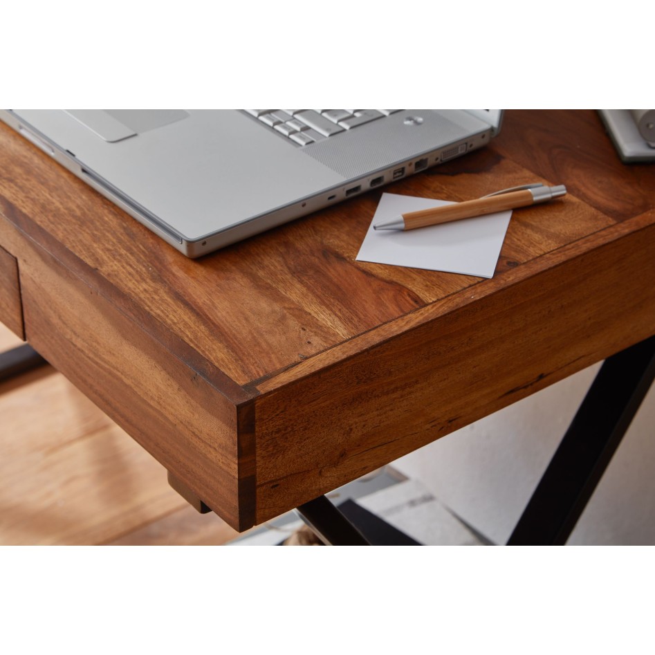 Escritorio  120x55x78 cm madera maciza de sheesham / metal negro | Mesa de oficina de diseño con cajones | Mesa de ordenador po