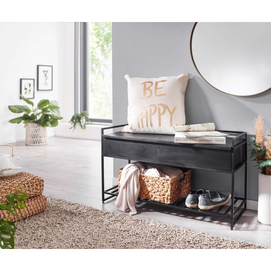 Banco con zapatero de madera maciza de mango y metal 90x52x38 cm