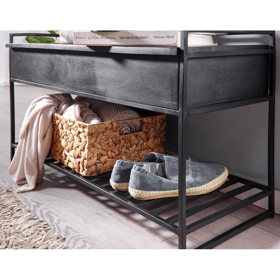 Banco con zapatero de madera maciza de mango y metal 90x52x38 cm